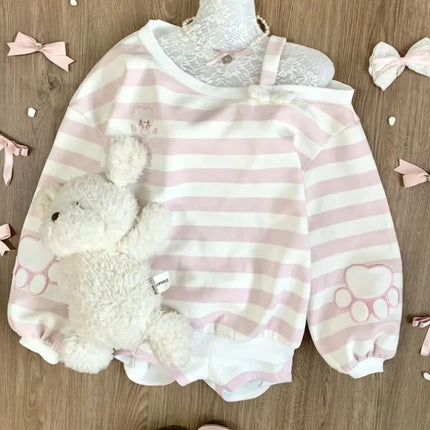 Kawaii Pink Striped Sweatshirts Women Cutecore Off Shoulder Long Sleeve Pullovers Sweet Japanese Style Loose Casual