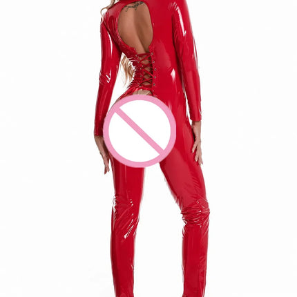 Sexy Women Faux Leather Catsuit Stretch Shiny PVC Latex Bodysuit Open Crotch Jumpsuits Front Zipper Erotic Crotchless Costumes