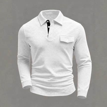 Spring Autumn Men's Classic Polo Shirt - Everyday Casual Design with Chessboard Pattern Patch Pockets on the Collar and Long Sleeves