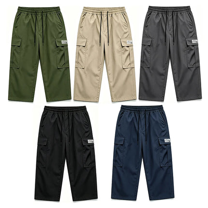 Men New Cargo Capri Pants Loose Fit Elastic Drawstring Waist Multi Pocket Outdoor Walking Holiday Summer Casual 7/8 Trousers