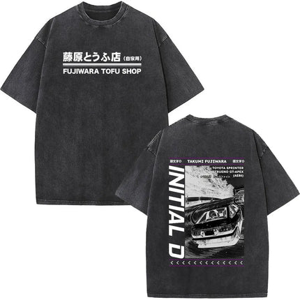 Anime Initial D Drift AE86 Washed Vintage Print T-shirt RX-7 R34 Skyline GTR JDM T-shirts Men's Harajuku Cozy Oversized T Shirts