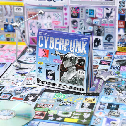 Cyberpunk-themed Die-Cut Sticker Book, 30/60 Sheets, DIY Decorative Journal, Phone Case Collage, Aesthetic Stationery Stickers
