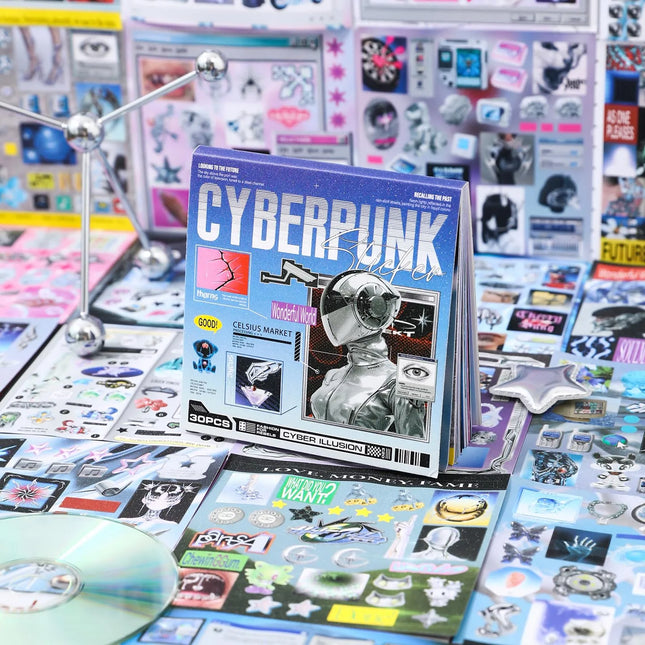 Cyberpunk-themed Die-Cut Sticker Book, 30/60 Sheets, DIY Decorative Journal, Phone Case Collage, Aesthetic Stationery Stickers