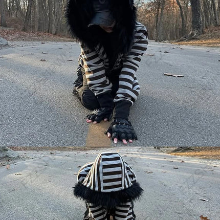 Goth Aesthetic Women Hoodie Harajuku Retro Y2K Emo Girl Fur Collar Cardigan Sweatshirt Rock Punk Hip Hop Casual Loose Streetwear