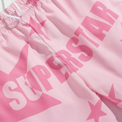 2026 New Pink "SUPERSTAR" Star Print Mens Shorts Elastic Waist Running Workout Gym Sports Male Casual Shorts