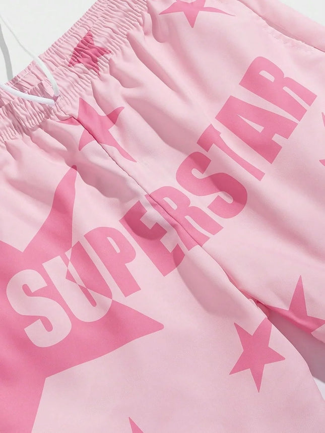 2026 New Pink "SUPERSTAR" Star Print Mens Shorts Elastic Waist Running Workout Gym Sports Male Casual Shorts