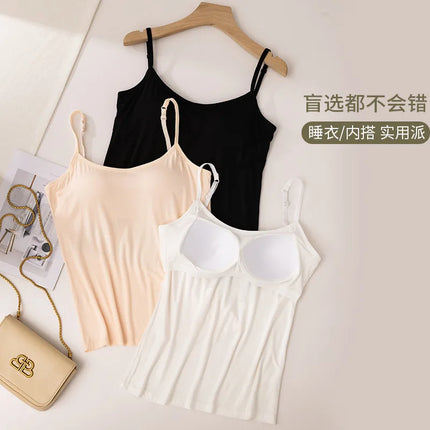 2020 Women Solid Tank Tops Adjustable Strap Built In Cup Padded Wireless Camisole Camis Vest Female Home Basic Tank Top