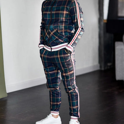 2025 Men Tracksuit 2pc Set Gym Hiking Plaid Zipper Hoodie Cargo Pants Autumn Athleisure Outfit Fleece Jogger Sportswear
