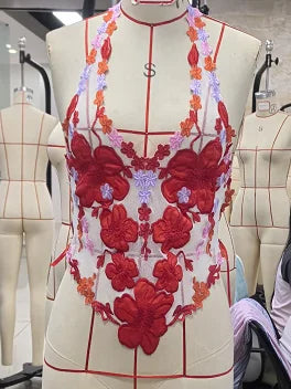 Women's Floral Print Sheer Halter Tops V-Neck Backless Trendy Shirts Streetwear Aesthetic Grunge Clothes