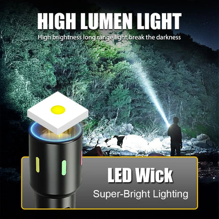 LED+COB Portable Flashlight Zoomable Small Torch USB Rechargeable Outdoor Camping Fishing Long Range Camping Emergency Lantern