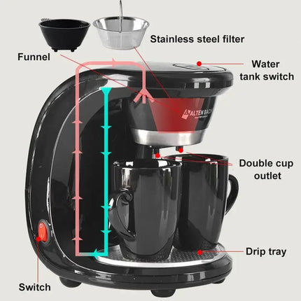 220V 450W Household Electric Steam Drip Coffee Maker Automatic Dual Cup Coffee Machine Dual-use American Coffee Tea Machine