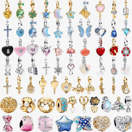 Key & Lock 925 Sterling Silver Pave Moon Heart Flower Dangle Charms Fit Original Bracelet Beads Jewelry DIY Gift plata de ley