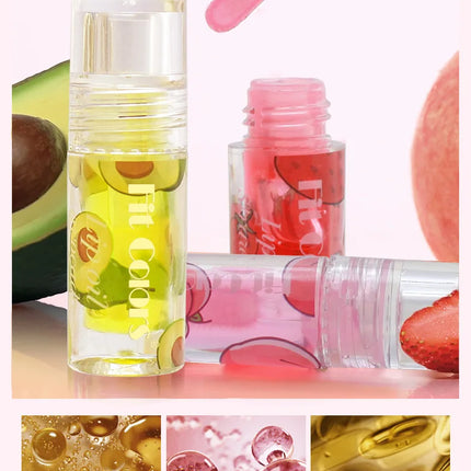 Hydrating Transparent Lip Gloss 3 Piece Set Fruit Scented Lip Oil with Avocado Strawberry and Peach for Soft Smooth Lips