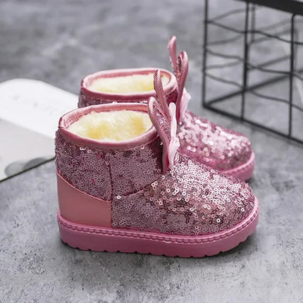 Girls Snow Boots Bunny Ear Bowtie Sequins Cute Winter Warm Ankle Boots Princess Toddler Non-slip Fashion Kids Boot Glitter Bling