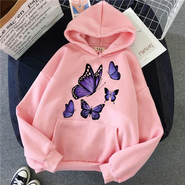 90s Graphic Dark Purple Butterfly Pattern Printed Hoodies Women's Vintage Y2k Sweatshirts Casual Hooded Clothes Kawaii Pullovers