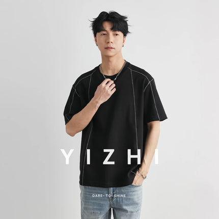Men's Heavyweight 240g Stitch Trim Split Short Sleeve T-shirt 2026 Summer Crew Neck Loose Drop Shoulder Casual Versatile Top