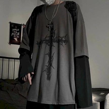T-shirt for Men Summer Cross of Thorns Suitcase Men's T-shirts Long-sleeved Dark Hip-hop Men's oversize t-shirt Y2k T Shirt Tops