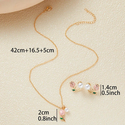 2025 Trendy Fashion Pink Tulip Necklace Earrings Women's Set Temperament Party Sweet Simple Jewelry Set Accessories Gifts