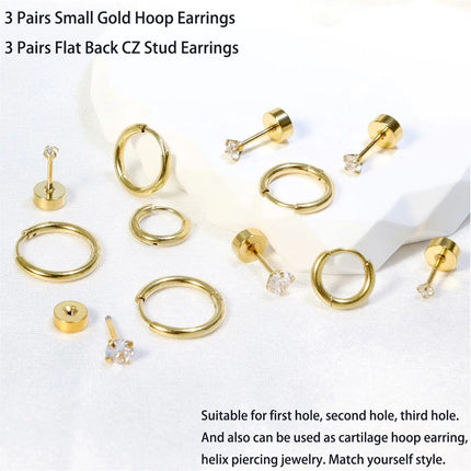 6 Pairs Earrings Sets for Multiple Piercing Small Huggie Hoop Earrings Flat Back Tiny Ball CZ Opal Pearl Stud Earrings for Women