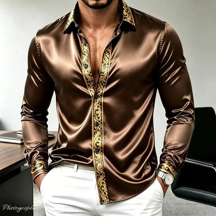 Men's Luxury Satin Silk Shirt Long Sleeve Gold Baroque Print Slim Fit Casual Business Party Dress Shirt Streetwear