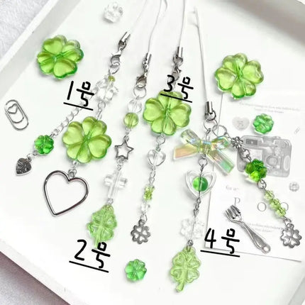 Y2K Lucky Four Leaves Clover Heart Key Ring Green Leaf Star Key Chain Cases for Phone Camera Korean Cute Beaded Couple Keychain