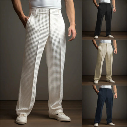 Mens Waffle Trousers Cotton Blend Business Casual Pants Autumn Fashion Commuting Solid Color Straight Pants Men'S Clothing 2024