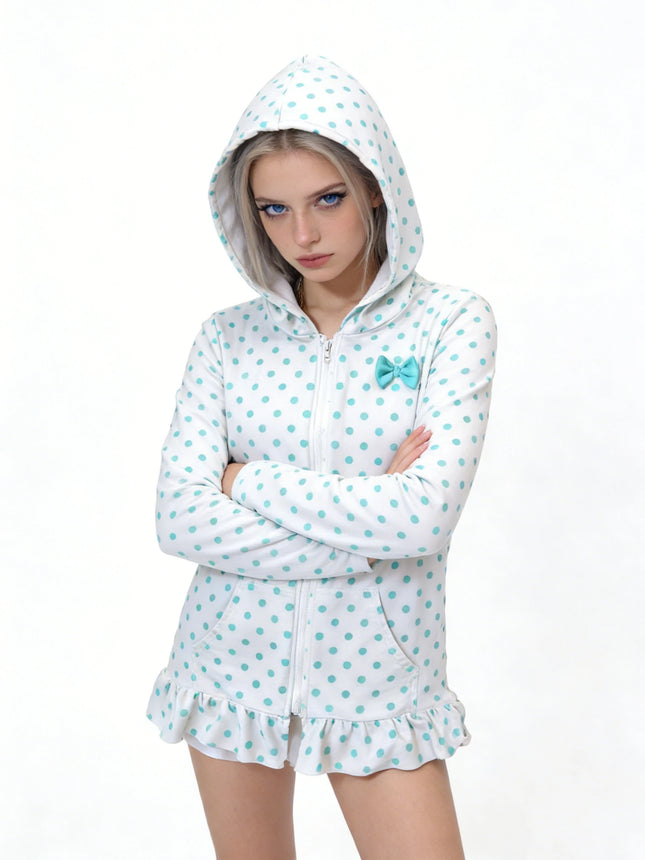 Spring/Summer hot girl sweet hem hooded sweatshirt Japanese Y2K retro hot girl Harajuku polka dot bow long sleeved sweatshirt
