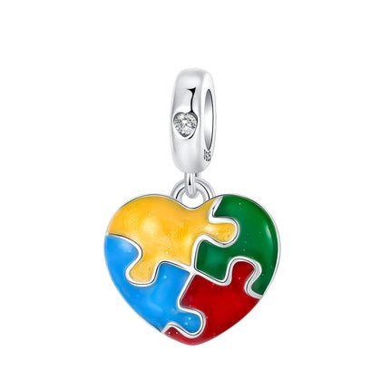 925 Sterling Silver Unique Red Puzzle Heart Dangle Charm Valentine's Day Pendant Fit Original Bracelets Women DIY Jewelry Gift