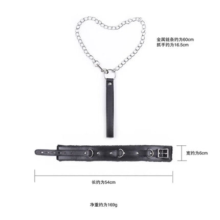 Faux Leather Plush Neck Choker Furry Collar with Metal Chain Drag Leash Lockable Harness BDSM Bondage Restraints  Sex Toys