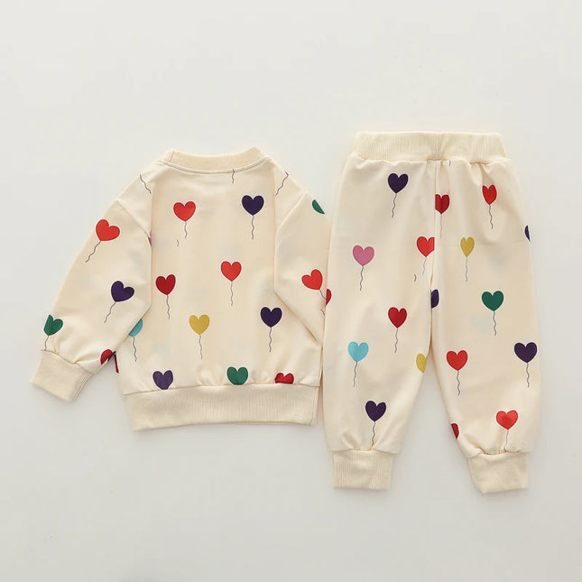 2PCS Infant Spring and Autumn Full Print Love Balloon Fashion Long-sleeved Pants Set