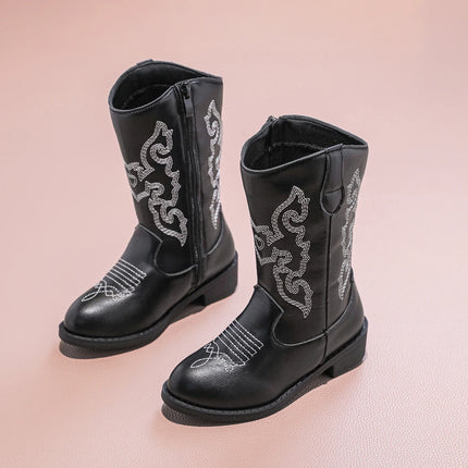PU Cowboy Ankle Boots for Girls New Autumn Winter Kids Mid-calf Boots Non-slip Side Zip Simple Retro Kids Casual Boots