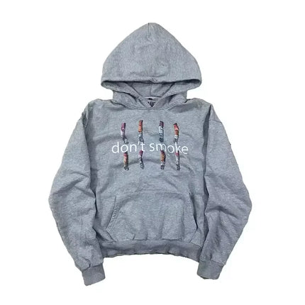 Y2K Gray Sports Hoodie Retro Smoke Print Sweater Men Women New Fashion Vintage Classic Hip Hop Streetwear Clothing Loose Jacket