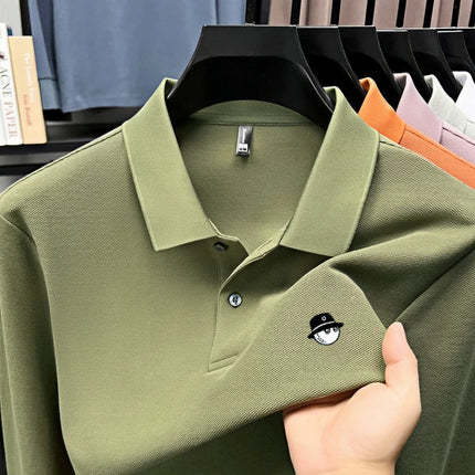 Men's Long-Sleeve Golf Polo Shirt, Branded Print, Spring, 100% Cotton, Comfortable, Breathable, Fashionable, Casual, High-End T-shirt