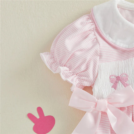 Baby Girls Easter Striped Romper Cute Bunny Embroidery Doll Collar Short Sleeve Jumpsuit Newborn Baby Girls Romper Clothes