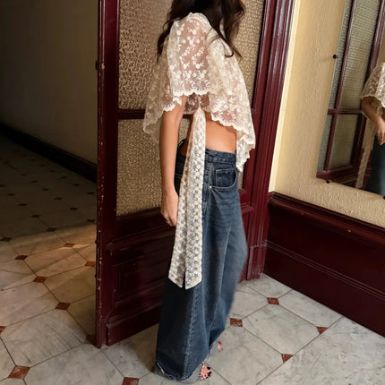 Women Summer Flower Embroidery Lace Sheer T-Shirt Irregular Triangle Ruffled Hem Capes Flutter Sleeves High Neck Top
