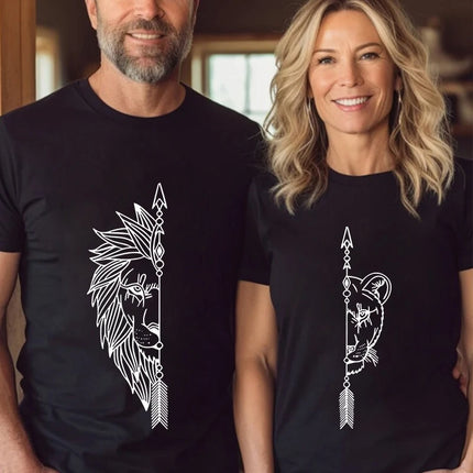 Couple Vintage Lion Print Casual T-shirts Short Sleeve Round Neck Women Men Streetwear Lover Matching Clothing