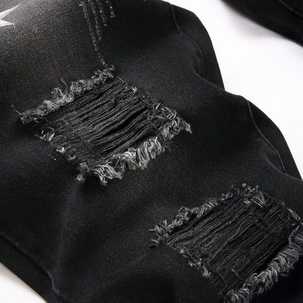 Black Y2K Jeans Mid Rise Straight Leg Man Pants with Silver Star Design Distressed Ripped Denim Clothing Hip Hop Male Streetwear
