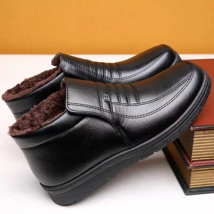 Men's Winter Thickened High-Top Cotton Shoes Warm Fleece Lined Leather Boots Anti-Slip Comfortable for Elderly And Dad