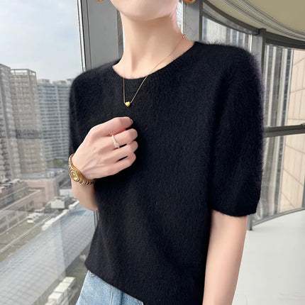 New Knitted Women's 100% mink cashmere short sleeved sweater T-shirt Simple and versatile Women's O-neck pullover FRSEUCAG brand