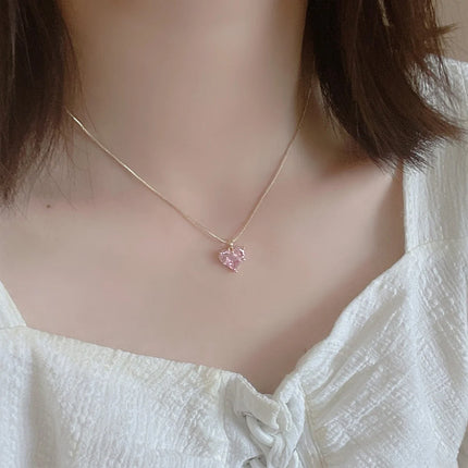 Y2K Heart Jewelry Set 3pcs Pink Crystal Zircon Pendant Earrings Necklace for Women Elegant Gift