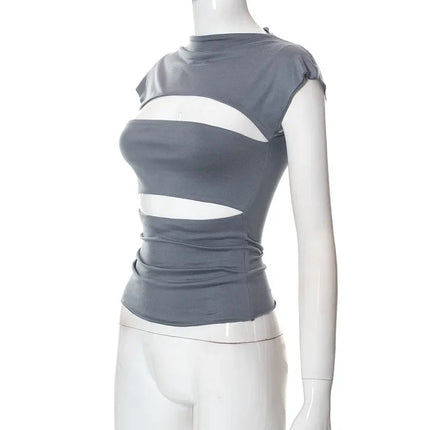 Sexy Wrap Chest Hollow Out Turtleneck Slim T-Shirt Women Short Sleeves Bottoming Shirt Ladies Tee Shirt Tops Camisetas Mujer