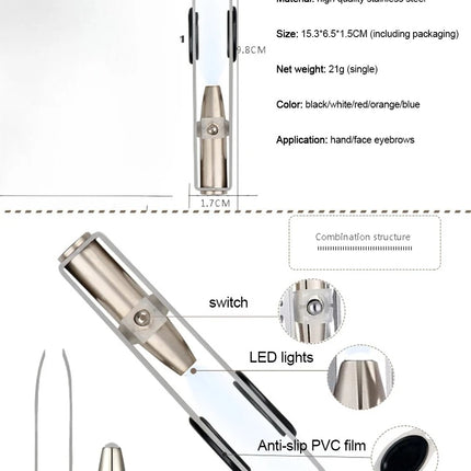 1PC LED Eyebrow Tweezer Oblique Tip Stainless Steel Eyebrow Trimming Clip Eye Hair Removal Prune False Eyelash Clamp Makeup Tool