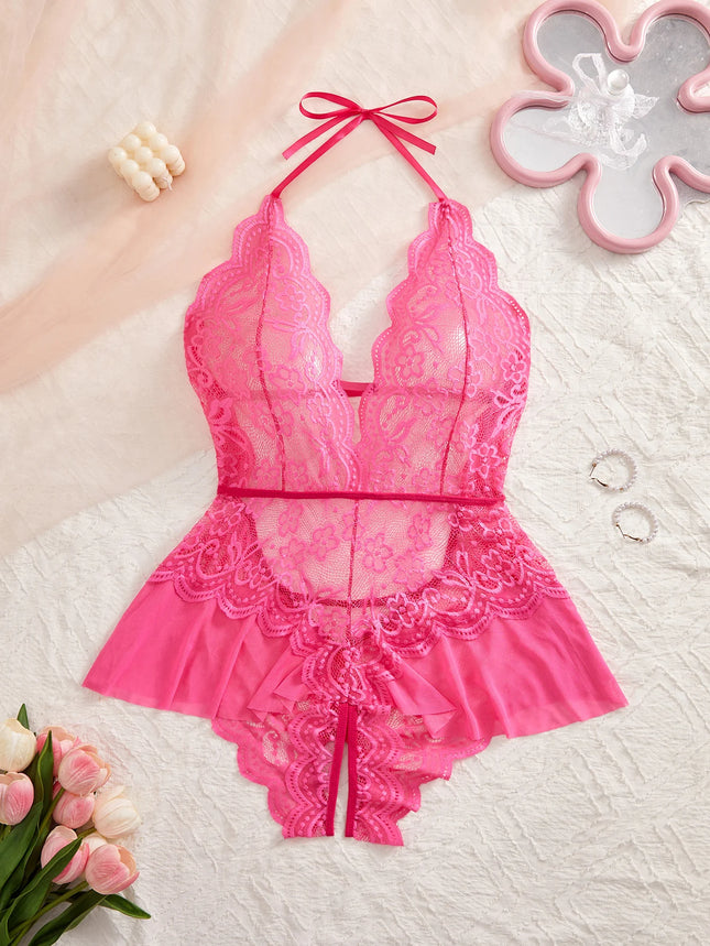 One Piece Crotchless Backless Underwear Transparent Lace Hollow Out Bodysuit Sexy Lingerie For Women Nightgown Erotic Clothing