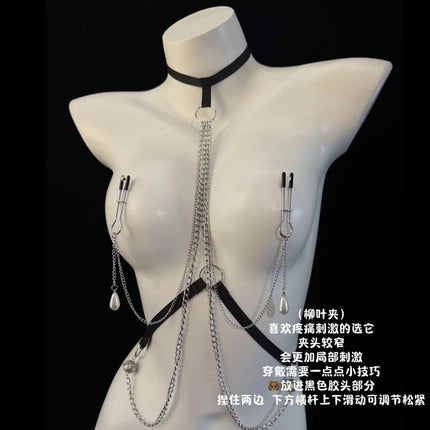Women's Nipple Clamps Body Chain with Tassel Bells and Pearl Chain Body Restraint SM Fetish Toy Couples Flirtation Adult Toy