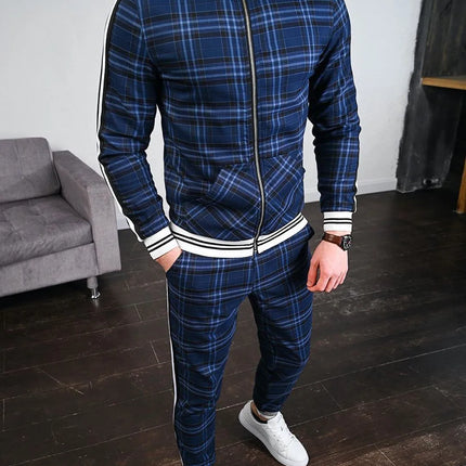 2025 Men Tracksuit 2pc Set Gym Hiking Plaid Zipper Hoodie Cargo Pants Autumn Athleisure Outfit Fleece Jogger Sportswear