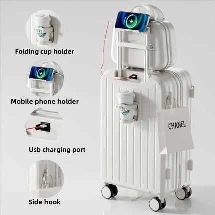20 Inch Multifunction Large Capacity Luggage Business Carry on Boarding USB Charging Cup Holder 360° Spinner Wheels Suitcase