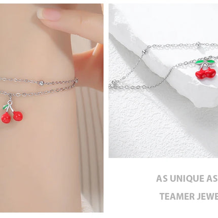 Teamer Enamel Cherry Charm Bracelet For Woman Gold Color Stainless Steel Double Bead Chain Fashion Birthday Friend Jewelry Gift