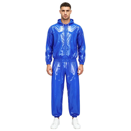 Mens Waterproof Sauna Outfit Glossy Sweat Suit Hooded Tracksuit Hooded Jacket with Jogging Track Pants for Fitness Training