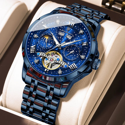 POEDAGAR Top Original Men Clock Automatic Mechanical Stainless Steel Men's Watches Calendar Hollow Tourbillon Man Watch Male+Box