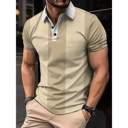 Summer 3D Men's Fashion Stripe Printed Short Sleeve Collared Button Casual Polo Shirt
